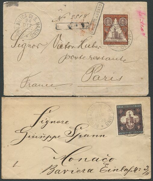 1894-95, S.Marino, Raccomandata e Lettera per Parigi e Monaco affrancate con 50c. e 25c. Inaugurazione Palazzo del Governo  - Asta Filatelia e Storia Postale - Associazione Nazionale - Case d'Asta italiane