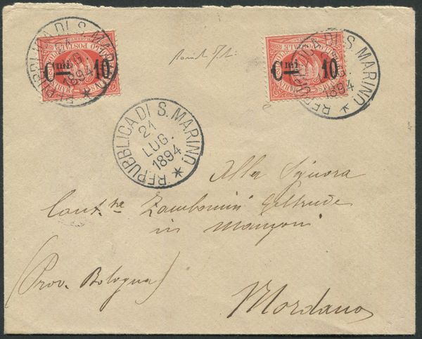 1894, S. Marino, busta per Mordano (BO), affrancata con due es. del 20c. rossi con soprastampa C.mi 10 capovolta (10a)  - Asta Filatelia e Storia Postale - Associazione Nazionale - Case d'Asta italiane