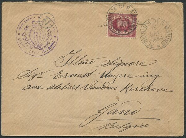 1894, S.Marino, Busta per Gand (Belgio) affrancata per 25c. (5)  - Asta Filatelia e Storia Postale - Associazione Nazionale - Case d'Asta italiane