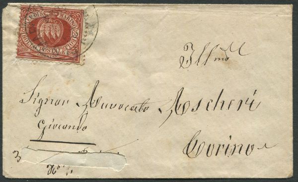 1894, S.Marino, Lettera per Torino con 65c. Bruno rosso (19)  - Asta Filatelia e Storia Postale - Associazione Nazionale - Case d'Asta italiane