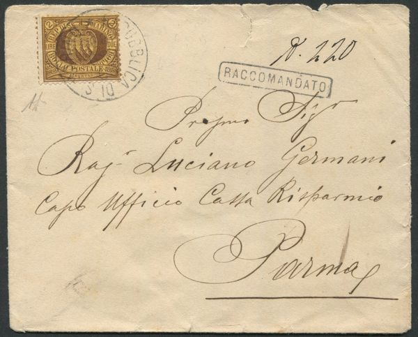 1895, S.Marino, Raccomandata per Parma, affrancata con 2 lire bruno su giallo (21a)  - Asta Filatelia e Storia Postale - Associazione Nazionale - Case d'Asta italiane