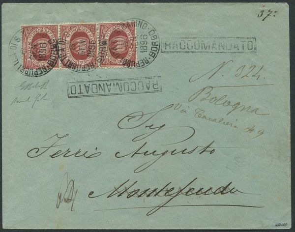 1896, S.Marino, Raccomandata per Montescudo, rispedita a Bologna, affrancata con striscia di tre del 15 cent. carminio bruno (15)  - Asta Filatelia e Storia Postale - Associazione Nazionale - Case d'Asta italiane