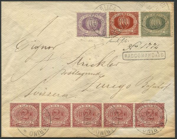 1896, S.Marino, Raccomandata per Zurigo del 26/5/1896 affrancata con 5c. verde olivastro, 20c. lilla, 65 cent. brunorosso e striscia di 5 del 2c, carminio (13, 19, 26, 29)  - Asta Filatelia e Storia Postale - Associazione Nazionale - Case d'Asta italiane