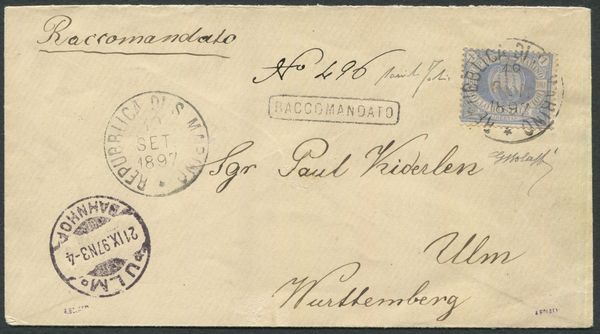 1897, S.Marino, Busta raccomandata per Ulm Wurttemberg, affrancata con 1 lira azzurra (31)  - Asta Filatelia e Storia Postale - Associazione Nazionale - Case d'Asta italiane