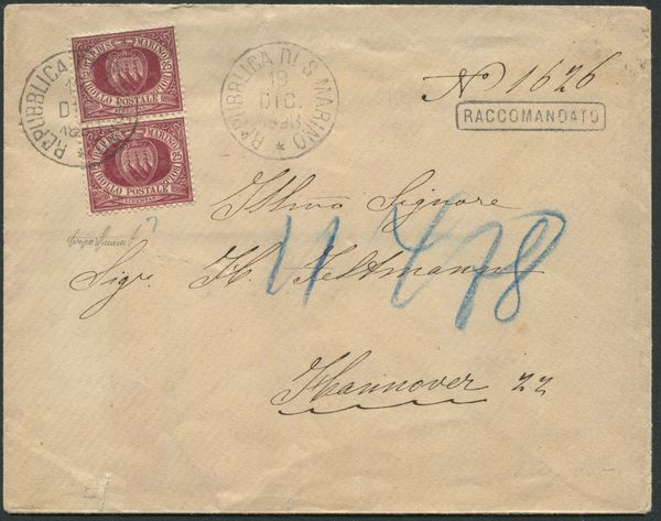 1898, S.Marino, Raccomandata per Hannover, affrancata con coppia del 25 c. lacca (5)  - Asta Filatelia e Storia Postale - Associazione Nazionale - Case d'Asta italiane