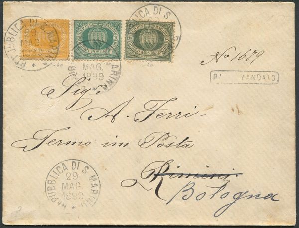 1899, S.Marino, Busta raccomandata per Rimini, rispedita a Bologna, affrancata con 5, 10 e 30 cent. (13a, 14 e 16)  - Asta Filatelia e Storia Postale - Associazione Nazionale - Case d'Asta italiane