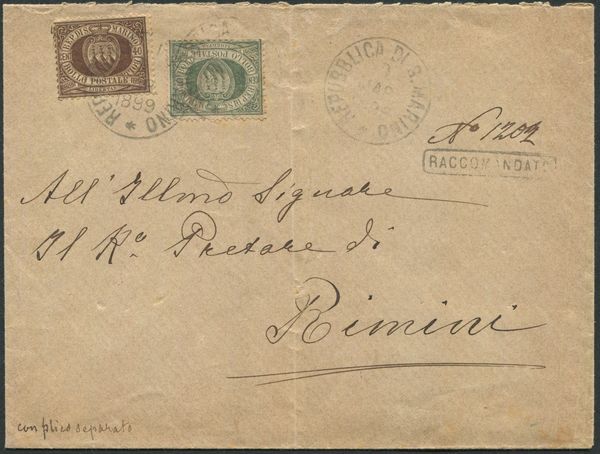 1899, S.Marino, Busta raccomandata per Rimini del 9 marzo 1899, affrancata con 5 cent. verdegrigio oliva e 40c. bruno (13,17)  - Asta Filatelia e Storia Postale - Associazione Nazionale - Case d'Asta italiane