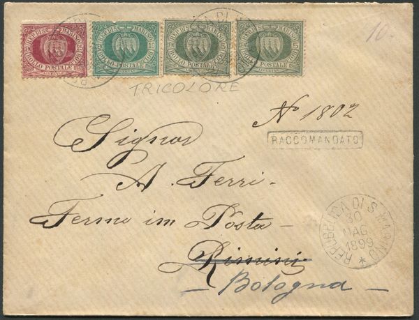 1899, S.Marino, Tricolore raccomandata su busta per Rimini, rispedita a Bologna, affrancata con 2 es. del 5c. verde olivastro, 10c. verde azzurro e 25c. lacca (13,14 e 5)  - Asta Filatelia e Storia Postale - Associazione Nazionale - Case d'Asta italiane