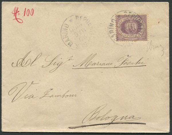 1900, S.Marino, Busta per Bologna affrancata con 20 cent. lilla (29)  - Asta Filatelia e Storia Postale - Associazione Nazionale - Case d'Asta italiane