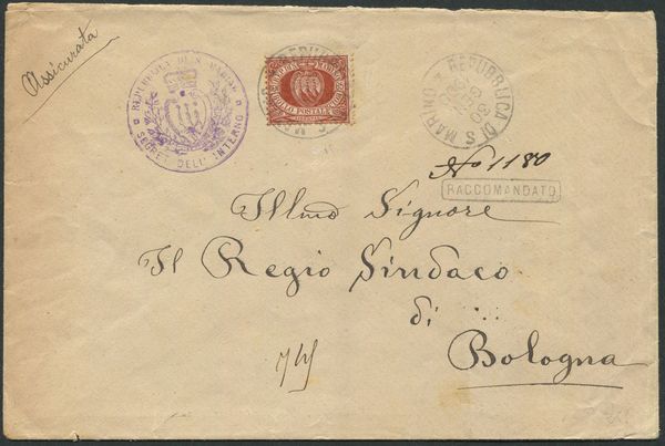 1900, S.Marino, Raccomandata per Bologna del 30 gennaio 1900, affrancata con 65c. bruno rosso (19)  - Asta Filatelia e Storia Postale - Associazione Nazionale - Case d'Asta italiane