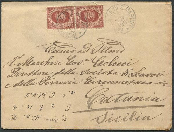 1901, S.Marino, Busta per Catania, affrancata con coppia del 10 cent. rosso bruno (28)  - Asta Filatelia e Storia Postale - Associazione Nazionale - Case d'Asta italiane