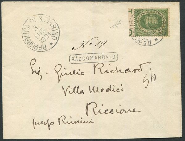 1901, S.Marino, Raccomandata per Riccione del 3 luglio 1901, affrancata con 45c. verde oliva bdf (18)  - Asta Filatelia e Storia Postale - Associazione Nazionale - Case d'Asta italiane