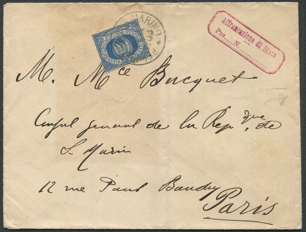 1903, S.Marino, Busta per il Console Generale di S. Marino a Parigi, affrancata con 25c. azzurro (30)  - Asta Filatelia e Storia Postale - Associazione Nazionale - Case d'Asta italiane