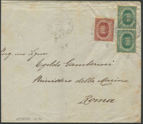 1903, S.Marino, Busta per Roma affrancata con coppia di 5 cent. verde e 10 cent. rossobruno (27, 28)  - Asta Filatelia e Storia Postale - Associazione Nazionale - Case d'Asta italiane