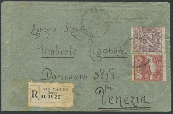 1905, S.Marino, Campione senza valore racc. da Borgo S. Marino a Venezia affrancato con Cifra 2c. e Vedute 10c. (34 e 36)  - Asta Filatelia e Storia Postale - Associazione Nazionale - Case d'Asta italiane