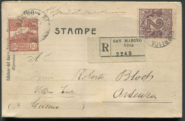 1906 - San Marino - Stampe raccomandate affr. 2c. + 10c.  - Asta Filatelia e Storia Postale - Associazione Nazionale - Case d'Asta italiane