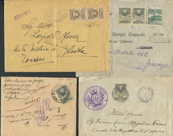 1910-18, S.Marino, Quattro buste affrancate con serie Stemma  - Asta Filatelia e Storia Postale - Associazione Nazionale - Case d'Asta italiane