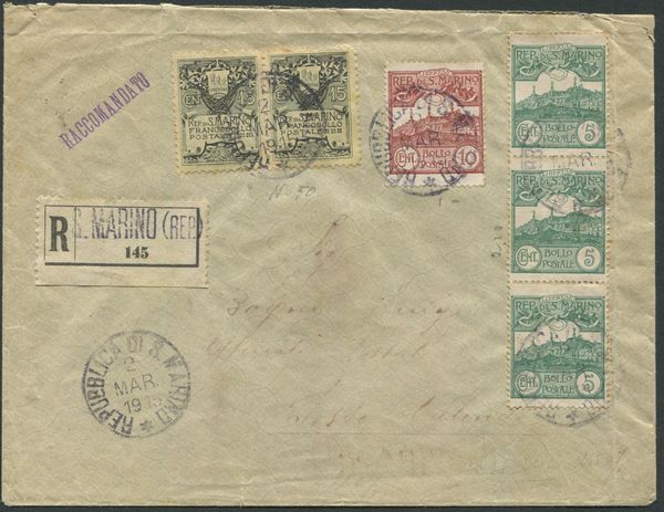 1915, San Marino, Raccomandata affr. Stemma 15c. (2 es.) + 5c. (3 es.) + 10c.  - Asta Filatelia e Storia Postale - Associazione Nazionale - Case d'Asta italiane