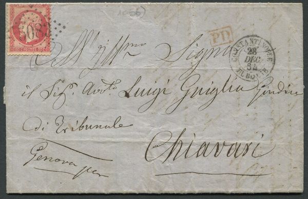 1864, Levante francese, Lettera da Costantinopoli a Chiavari con 80c. carminio Napoleone III (Scott 20)  - Asta Filatelia e Storia Postale - Associazione Nazionale - Case d'Asta italiane