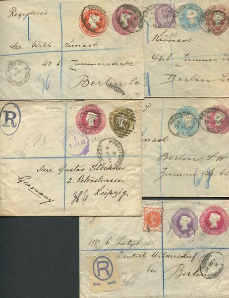 1889/1897, Gran Bretagna, otto interi Postali varie tariffe e destinazioni, cinque raccomandate e tre interi in tariffa.  - Asta Filatelia e Storia Postale - Associazione Nazionale - Case d'Asta italiane