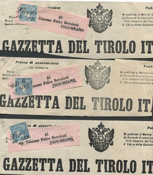 1851, Austria, 3 testate del giornale Gazzetta del Tirolo, per Vigo -Meano del 30 gennaio ognuna affrancata con un esemplare del 3 cent. azzurro per giornali (1,2,3) dei tre tipi diversi.  - Asta Filatelia e Storia Postale - Associazione Nazionale - Case d'Asta italiane