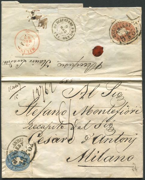 1862, Austria, Raccomandata da Trieste dell'8 maggio 1862 per Milano.  - Asta Filatelia e Storia Postale - Associazione Nazionale - Case d'Asta italiane