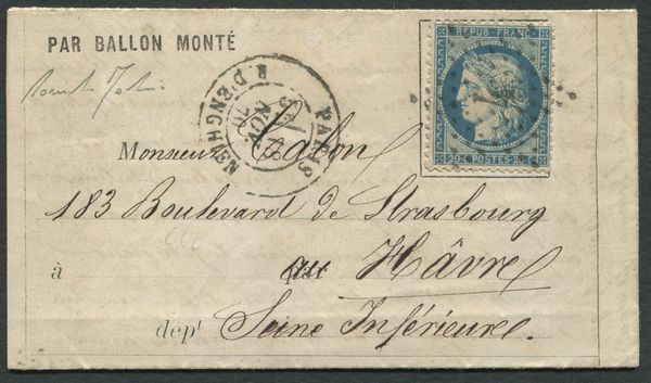 1870, Francia, modulo  Par Balon Mont, completo di testo da Parigi per Havre del 18 novembre 1870  - Asta Filatelia e Storia Postale - Associazione Nazionale - Case d'Asta italiane