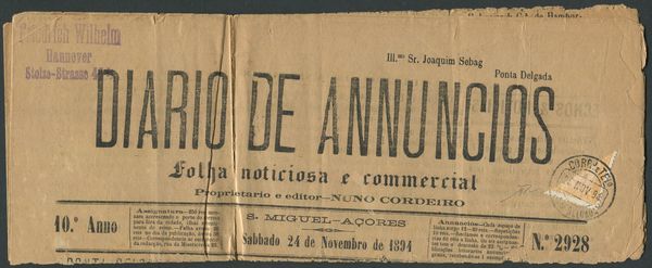 1894, Portogallo, 5 reis giallo arancio Effige di Carlo I frazionato su giornale di Ponta Delgada (Azzorre) Diario de Annuncios  - Asta Filatelia e Storia Postale - Associazione Nazionale - Case d'Asta italiane