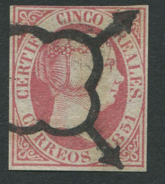 1851, Spagna, 5 reales rosa usato (Scott 9)  - Asta Filatelia e Storia Postale - Associazione Nazionale - Case d'Asta italiane