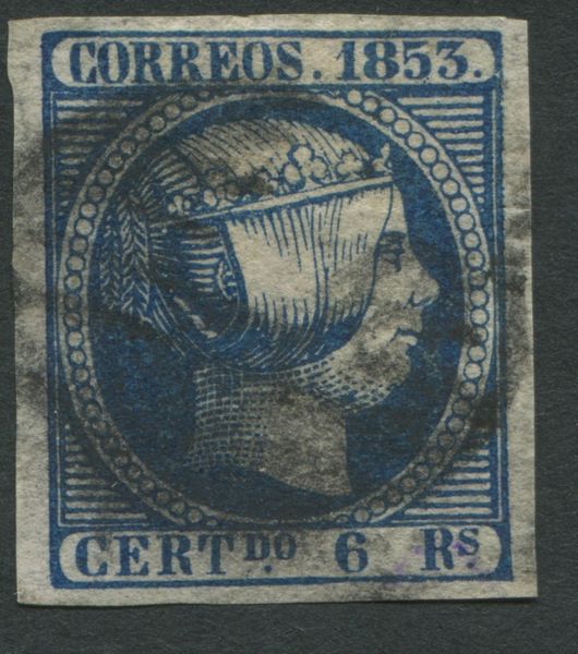 1853, Spagna, 6 reales azzurro usato (Scott 23)  - Asta Filatelia e Storia Postale - Associazione Nazionale - Case d'Asta italiane