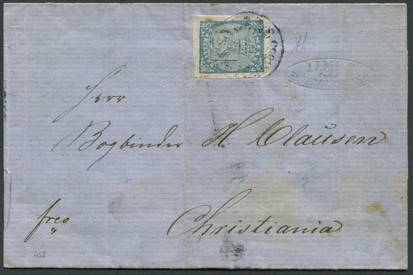 1855, Norvegia, Lettera per Christiania (Oslo), affrancata con 4 sk. azzurro (YV.1)  - Asta Filatelia e Storia Postale - Associazione Nazionale - Case d'Asta italiane