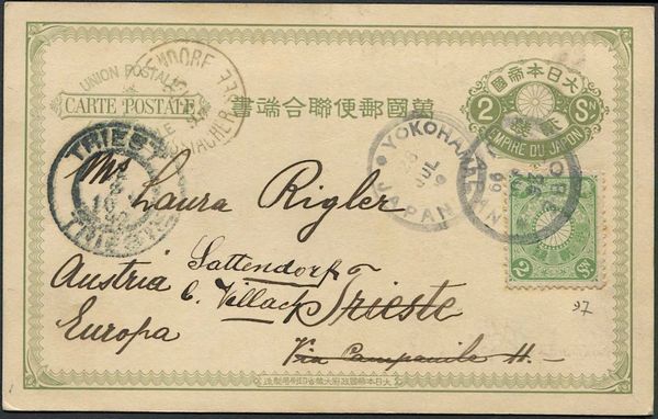 1899 (July 26), Japan, 2 sen green foreign mail postacard from Kobe to Trieste.  - Asta Filatelia e Storia Postale - Associazione Nazionale - Case d'Asta italiane