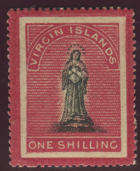 1867, British Virgin Island, 1 shilling nero e carminio rosaceo Figura della Vergine,carta bianca, Variet seconda S di ISLANDS  lunga (S.G. 18a)  - Asta Filatelia e Storia Postale - Associazione Nazionale - Case d'Asta italiane