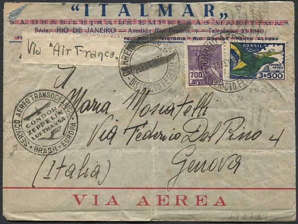 1936, Brasile, busta da Rio de Janeiro per Genova del 23 febbraio 1936.  - Asta Filatelia e Storia Postale - Associazione Nazionale - Case d'Asta italiane