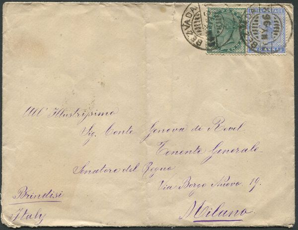 1896, India, busta affrancata con 1/2 anna e due anna di India (S.G. 33, 37).  - Asta Filatelia e Storia Postale - Associazione Nazionale - Case d'Asta italiane