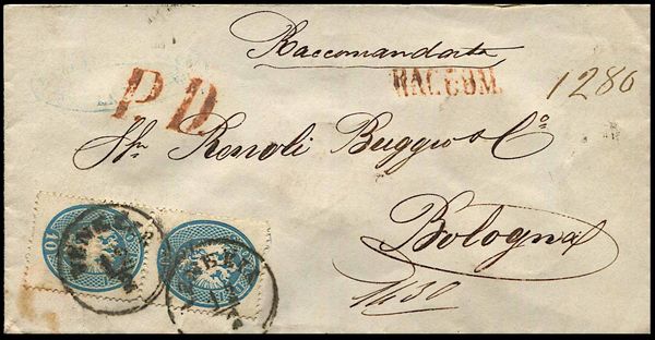 1865, Lombardo Veneto, raccomandata da Venezia per Bologna del 12 febbraio 1865  - Asta Filatelia e Storia Postale - Associazione Nazionale - Case d'Asta italiane