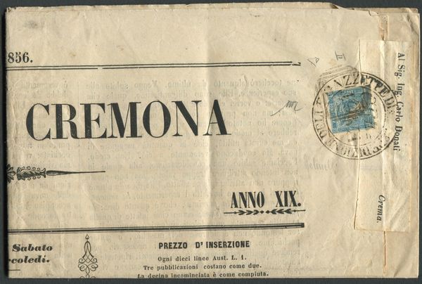 1851, Lombardo Veneto, Francobolli per giornali, 3c. azzurro Mercurio, III tipo, su copia della Gazzetta di Cremona  - Asta Filatelia e Storia Postale - Associazione Nazionale - Case d'Asta italiane