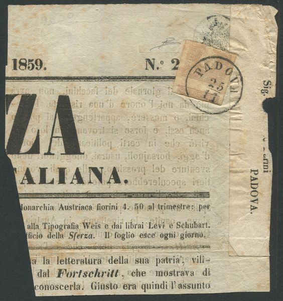 1859, Lombardo Veneto, frammento di giornale da Padova per citt del 25 novmbre 1859, affrancato con 1,05 soldi lilla grigio (9) tagliato male, forse per una frode postale tendente a recuperare un francobollo in pi dalla fila verticale.  - Asta Filatelia e Storia Postale - Associazione Nazionale - Case d'Asta italiane