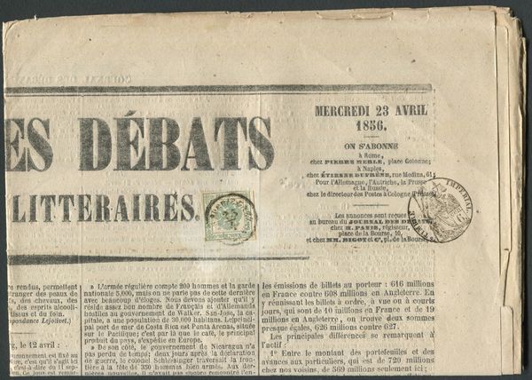 1856, Lombardo-veneto, Giornale Journal des Debats del 23 aprile 1856 affrancato con segnatasse per giornali del Lombardo Veneto 2kr. verde (1)  - Asta Filatelia e Storia Postale - Associazione Nazionale - Case d'Asta italiane