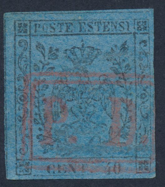 1852, Modena, 40c. azzurro scuro senza punto dopo la cifra (6) annullato P.  D. in doppia cartella in rosso  - Asta Filatelia e Storia Postale - Associazione Nazionale - Case d'Asta italiane