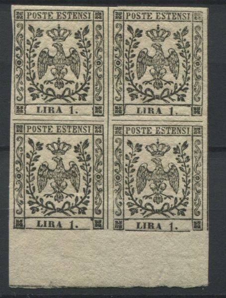 1852, Modena, Aquila estense, 1l. bianco con punto dopo dopo la cifra, quartina (11)  - Asta Filatelia e Storia Postale - Associazione Nazionale - Case d'Asta italiane