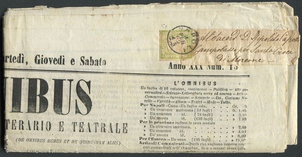 1862, Province Napoletane, Giornale LOmnibus completo affrancato con 1/2 tornese verde giallo chiaro con stampa poco inchiostrata.  - Asta Filatelia e Storia Postale - Associazione Nazionale - Case d'Asta italiane