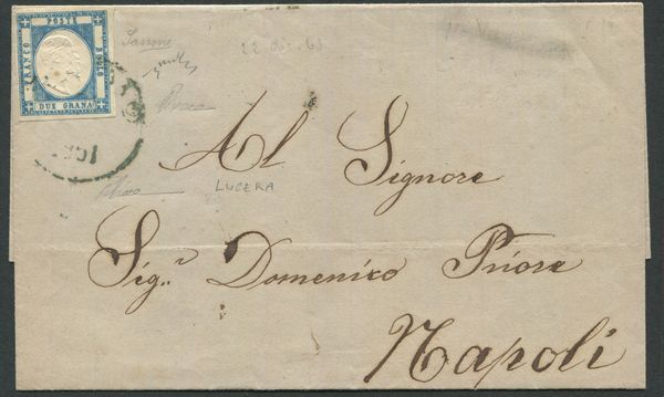 1861, Province Napoletane, Lettera diretta a Napoli affrancata con 2 grana azzurro oltremare vivo (20ea)  - Asta Filatelia e Storia Postale - Associazione Nazionale - Case d'Asta italiane