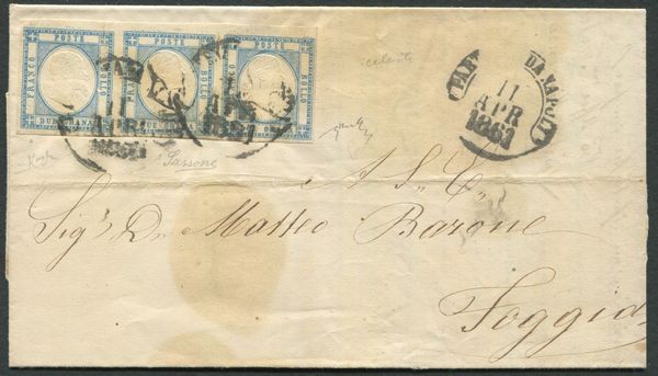 1861, Province Napoletane, Lettera da Napoli per Foggia del affrancata con striscia di tre del 2 grana azzurro chiaro (20)  - Asta Filatelia e Storia Postale - Associazione Nazionale - Case d'Asta italiane