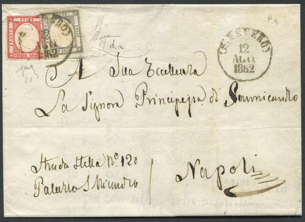 1862, Province Napoletane, Lettera sa S.Severo per Napoli del 12 agosto 1862, affrancata 1 grano girgio chiaro e 5 grana rosso carminio (19da, 21)  - Asta Filatelia e Storia Postale - Associazione Nazionale - Case d'Asta italiane