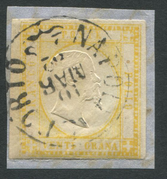 1862, Province Napoletane, 20 grana giallo (23) su piccolo frammento con annullo di Napoli al Porto del 10 marzo 1862.  - Asta Filatelia e Storia Postale - Associazione Nazionale - Case d'Asta italiane