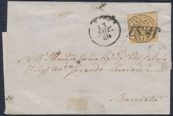 1854, Stato Pontificio, 3b. giallo arancio (4), I emissione, su sovra coperta da Jesi a Macerata. Annullo lineare stampatello inclinato JESI (punti 4)  - Asta Filatelia e Storia Postale - Associazione Nazionale - Case d'Asta italiane