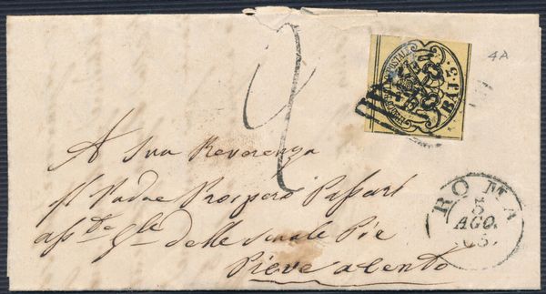 1863, Stato Pontificio, 3b. giallo cromo (4A), I emissione, su lettera da Roma per Pieve di Cento (Ferrara).  - Asta Filatelia e Storia Postale - Associazione Nazionale - Case d'Asta italiane