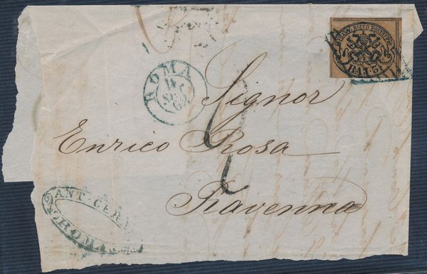 1862, Stato Pontificio, 3b. camoscio (4c), I emissione, su frammento da Roma a Ravenna. Annullo a doppio cerchio di Roma in azzurro  - Asta Filatelia e Storia Postale - Associazione Nazionale - Case d'Asta italiane