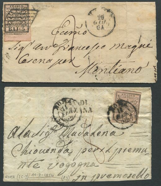 1852, Stato Pontificio, 5 baj rosa chiaro (6), I emissione, frammenti  per Montiano e per Premosello Chiovenda  - Asta Filatelia e Storia Postale - Associazione Nazionale - Case d'Asta italiane